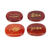 Ensemble de Pierres Naturelles, Sculptées à la Main 4 Pièces Symboles Reiki Gravés Pierres Runiques Ensemble Ovale Plat pour la Guérison Reiki (Agate rouge)