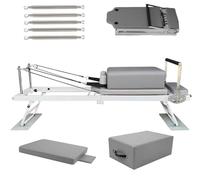 Ensemble de Pilates Reformer - Équipement d'entraînement Pliable à Domicile avec lit d'entraînement Extensible, boîte d'assise Pilates, tremplin et 5 Accessoires en Acier Inoxydable (Gris)