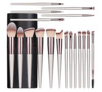 Ensemble de pinceaux de maquillage Champagne Gold 18 pièces, synthétiques premium pour fond de teint, poudre, correcteur et yeux.