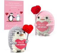 Ensemble de Pingouins en Crochet Tricot avec Carte - Décoration de Mariage (8,5 x 7 cm) - Cadeau Créatif et Tendre pour Compagnon - Idéal pour Saint-Valentin et l'Anniversaire de Mariage (Gris+Rose)