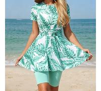 Ensemble de plage 2 pièces pour femmes, robe à manches courtes imprimé floral et pantalon de couleur unie, tenue de bain d'été pour vacances à la plage au Moyen-Orient L,M,S,XL,XS,XXLTropical,PlantesP