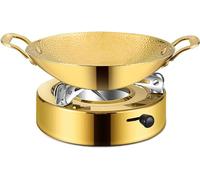 Ensemble de plats de frottement, acier inoxydable Round Crameaux de réchauffeur de plats à la bouffée Pan Pan Hot Pot, poêle à alcool en inoxydable pour fêtes, événements, mariage, camp, or-24 cm