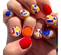Ensemble de pointes de manucure brillantes, fausses pointes carrées courtes en ABS avec des accents géométriques ludiques rouge bleu jaune pour assortir les tenues et les looks d ' événements, art