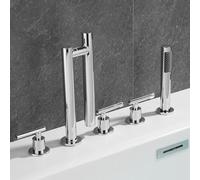 Ensemble de pommeau de douche 5 fonctions avec finition chromée - Robinet mitigeur de baignoire 5 trous pliable à double levier pour une utilisation facile - Robinet de bain en nickel brossé.