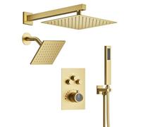 Ensemble de pommeau de douche thermostatique double - Support mural à 7 jets et douchette à main 30,5 cm et 15,2 cm 2,5 GPM Finition dorée brossée élégante pour une expérience de bain luxueuse