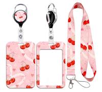 Ensemble de porte-cartes avec cordon et motif cœur cerise - Porte-badge durable et réutilisable avec sangle tour de cou pour cartes d'identité, cartes d'accès, badges de travail (3 en 1)