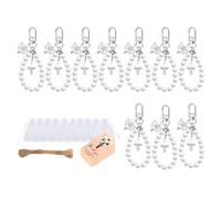 Ensemble de porte-clés en forme de croix de perles avec détails de perles et sacs en organza pour cadeaux de fête de baptême, mariage, fête prénatale, cadeaux d ' invités, emballage de en organza