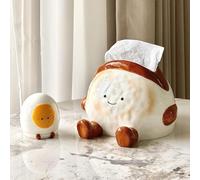 Ensemble De Porte-mouchoirs En Céramique - Design Mignon De Pain Grillé Et Œuf Au Plat Boîte À Mouchoirs + Conteneur De Coton-tiges Support De Téléphone Intégré Accessoire De Décoration