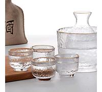 Ensemble de pot à saké, verres à saké japonais, transparent, design flottant unique, 1 carafe à saké, 1 réservoir à saké et 4 tasses à saké pour saké froid/chaud/chaud