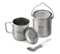 Ensemble de Pot de Camping, 3 Pièces Titan Pot Compact Camping Pans avec Couvercle Poignée Pliable Ultralight Portable Camping Water Tug, pour la Randonnée (750 ml de pot et
