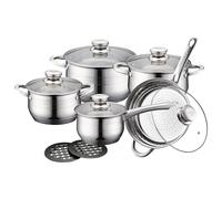 ROYALTY LINE, Ensemble de 12 pièces, Batterie de Cuisine en acier inoxydable, comprenant poêle et casseroles avec couvercles en verre, compatible tous feux, 24 cm, Argent