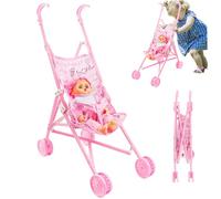 Ensemble de poussette de poupée pour bébé, poussette de poupée portable pliable avec, bébé impropre mignon aux grands yeux et vêtements portables, chariot pour les tout-petits filles, landau