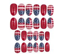 Ensemble de presse sur le 4 juillet-ensemble de faux ongles ronds de 24, design bleu blanc patriotique | Ongles acryliques réutilisables, ongles à courte longueur, kit de manucure pour applications
