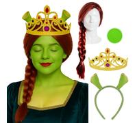 Ensemble de princesse Ogre - Perruque tressée rouge, bandeau oreilles d'ogre, diadème réglable et peinture pour visage vert - Kit d'accessoires pour déguisement de film de conte de fées pour adulte