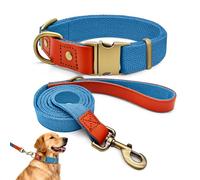 Ensemble de Promenade XL pour Très Grand Chien, Collier Nylon et Cuir, Kit Laisse et Collier Ultra-Résistant, Style Rétro Chic pour Molosses et Grands Chiens, Durable, Bleu