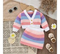 Ensemble de pull bébé fille arc-en-ciel rêveur, avec un design colorblock chaleureux, un cardigan à manches longues assorti à un pull mignon et une jupe évasée. Prend soin en douceur de la peau. Ensem
