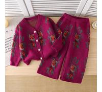 Ensemble de pull tricoté rose d'automne pour jeune fille, veste cardigan princesse vintage à la mode des années 90 avec motif fraise, pantalon, ensemble coordonné 2 pièces, chic pour tout-petits et je