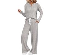 Ensemble de pyjama 2 pièces à manches longues pour femme | Henley Haut à col cranté et pantalon à jambes larges verticales en tricot côtelé Vêtement de nuit léger pour les trajets