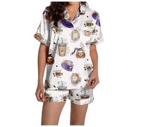 Ensemble de pyjama 2 pièces assorti d'Halloween pour femme en satin de soie avec boutons - Short d'été citrouille d'automne - Vêtements de détente décontractés et légers - Manches courtes - Graphique