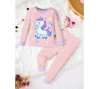Ensemble de pyjama 2 pièces avec haut à manches longues et pantalon en tricot blocs de couleurs imprimé licorne et étoile qui brille dans le noir pour filles 6Y,7Y,4Y,5YCartoon,GéométriqueÉtoffe