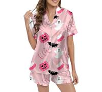 Ensemble de pyjama 2 pièces d'Halloween pour femme en satin de soie avec boutons assortis, shorts de fantôme, chemises de nuit, vêtements de nuit légers, ensembles de pyjama assortis mignons, rose, S