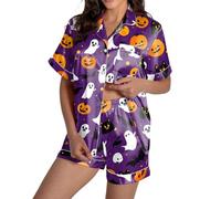 Ensemble de pyjama 2 pièces d'Halloween pour femme en satin de soie boutonné, léger et mignon, short fantôme, ensemble de pyjama à manches courtes, ensemble assorti à vêtements de détente graphiques