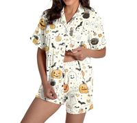 Ensemble de pyjama 2 pièces d'Halloween pour femme en satin de soie boutonné, short fantôme assorti, ensemble décontracté et confortable, chemise de nuit à manches courtes graphique automne été, jaune