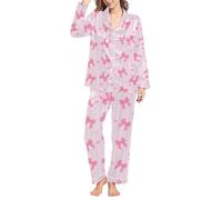 Ensemble de pyjama 2 pièces doux et confortable pour femme - Imprimé nœud - Chemise ultra douce boutonnée - Pantalon taille élastique - Décontracté - Satin de soie - 2 pièces, rose, M