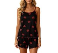 Ensemble de pyjama 2 pièces doux et soyeux pour femme Imprimé cœur Haut caraco à volants Taille élastique Short décontracté et confortable Vêtements de nuit, Noir , XL