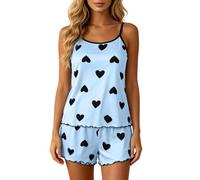 Ensemble de pyjama 2 pièces doux et soyeux pour femme Imprimé cœur Haut caraco à volants Taille élastique Short décontracté et confortable Vêtements de nuit, bleu, L