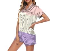 Ensemble de pyjama 2 pièces en satin pour femme, vêtements de nuit d'été assortis avec chemise boutonnée, short, chaussure avec, rose, XL