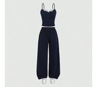 Ensemble de pyjama 2 pièces pour adolescentes, débardeur court à bretelles spaghetti avec dentelle et nœud papillon, short, bleu marine et blanc, printemps/été 14Y,12Y,13Y,16Y,15YUnicolorePolyester