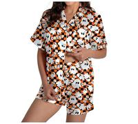 Ensemble de pyjama 2 pièces pour femme avec chemise et short assortis en soie douce boutonnée pour Halloween, chemise de nuit citrouille, graphique, été, deux pièces en satin confortable, blanc, XXL