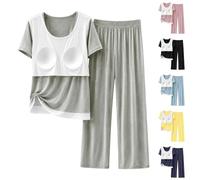 Ensemble de pyjama 2 pièces pour femme avec soutien-gorge confortable | Ensemble de pyjama en coton modal à manches courtes et jambes larges, nuisette à col rond, vêtements de détente décontractés