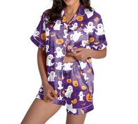 Ensemble de pyjama 2 pièces pour femme en satin de soie doux et confortable avec boutons pour Halloween, fantôme et short de détente décontracté pour l'automne boutonné à manches courtes graphique