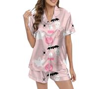 Ensemble de pyjama 2 pièces pour femme - Ensemble court et short assorti en soie - Léger - Motif citrouille d'Halloween - Ensemble de vêtements de nuit deux pièces en satin confortable - Pour