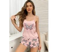 Ensemble de pyjama 2 pièces pour femme, haut caraco et short, vêtements de nuit, ensemble de pyjama d'été pour femme, vêtement de nuit décontracté, tenue d'intérieur, rose pâle, Medium