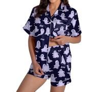 Ensemble de pyjama 2 pièces pour femme - Imprimé graphique en satin - Jolis boutons - Haut à manches courtes - Short - Pyjama confortable, violet, XL