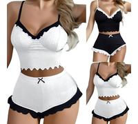 Ensemble de pyjama 2 pièces pour femme - Short de pyjama sexy à bretelles - Vêtement de nuit doux et extensible - Col en V - Camisole et short à volants - Vêtement de nuit confortable et respirant