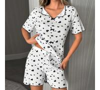 Ensemble de pyjama 2 pièces pour femmes d'été, composé d'un haut à manches courtes en tricot côtelé de coton blanc avec motif cœur contrasté et col en V, ainsi que d'un short avec détails de fausse co