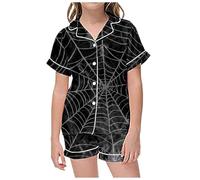 Ensemble de pyjama 2 pièces pour filles - Imprimé graphique - Manches courtes - Chemise boutonnée - Short, gris foncé, 8-9 ans