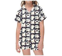 Ensemble de pyjama 2 pièces pour filles - Imprimé graphique - Manches courtes - Chemise boutonnée - Short, gris, 6-7 ans