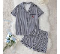 Ensemble de pyjama 2 pièces pour filles, rayures verticales classiques, nœud bleu, col ouvert, manches courtes, short, décontracté, mode, confortable, ensemble de détente, cardigan à col pour femmes,
