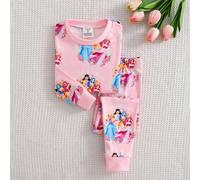 Ensemble de pyjama 2 pièces pour jeunes filles, imprimé princesse mignon, manches longues, pantalon long, tricot ajusté, vêtements de nuit et de détente 6Y,7Y,8Y,4Y,5YCartoon,Tout ImpriméTissu tricoté