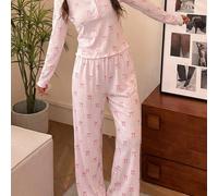 Ensemble de pyjama 2 pièces pour préadolescentes, mignon et doux, avec motif minimaliste coloré de nœud, col en V à demi-ouvert, volants, manches longues, pantalon, doux et confortable 8Y,9Y,10Y,11Y,1