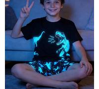 Ensemble de pyjama 2 pièces pour préadolescents, Top à manches courtes et short imprimé dinosaure phosphorescent, coupe ajustée, en tricot doux et agréable pour la peau 7Y,8Y,9Y,10Y,11Y,12Y,13Ygraphiq