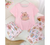 Ensemble de pyjama 3 pièces pour femmes, top à manches courtes frais, short et pantalon long, pull à col rond, coupe ample confortable, convient pour l'été et toutes les saisons, tenue d'intérieur, va