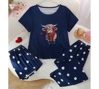 Ensemble de pyjama 3 pièces pour femmes, top à manches courtes frais, short et pantalon long, pull à col rond, coupe ample confortable, convient pour l'été et toutes les saisons, tenue d'intérieur, va