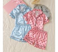 Ensemble de pyjama 4 pièces en satin avec col à revers ouvert et motif cœur floral, tenue d'intérieur pour filles 6Y,7Y,4Y,5YGéométrique,graphiqueSatin