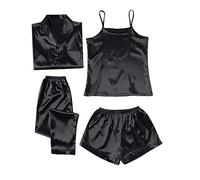 Ensemble de pyjama 4 pièces en satin pour femme - 4 pyjamas à manches courtes pour femme - Ensemble de short caraco et boutons à manches courtes - Vêtements de détente décontractés doux vêtements de